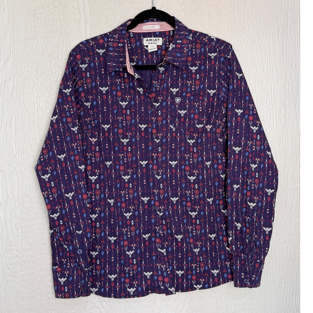 Ariat Real Kirby Stretch Purple Southwestern Print Western Shirt Large BEAUTIFUL